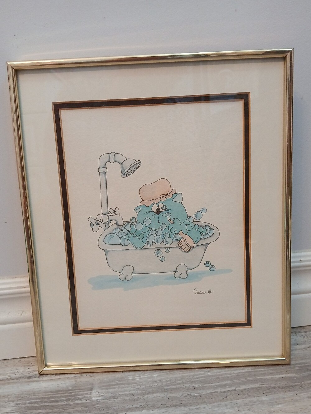 ​Vintage 80s 90s Framed Bathroom Art Blue Cat in Bubble Bath Tub Shower Roxanne